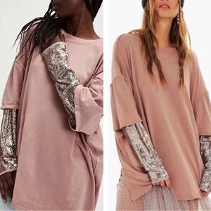 Free People Blush Pink Top with Silver Sequin Sleeves